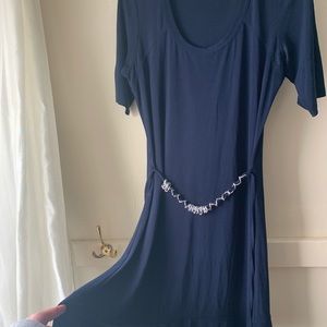 Lennie for Nina Leonard Navy Belted Flair Dress